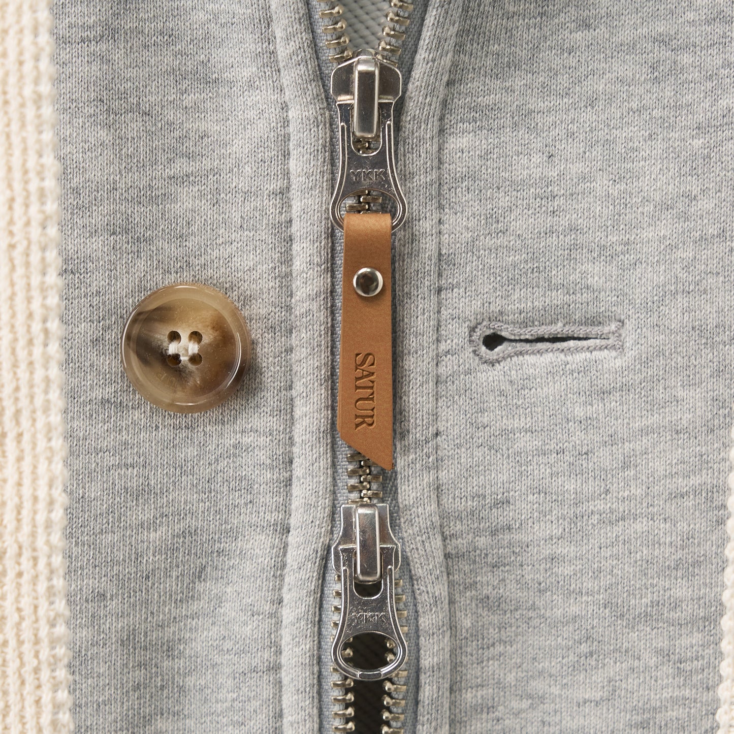 SATUR Loren Small Logo Hood Zip Up Melange Grey cotton blend hoodie full zip drawstring hood embroidered logo casual apparel