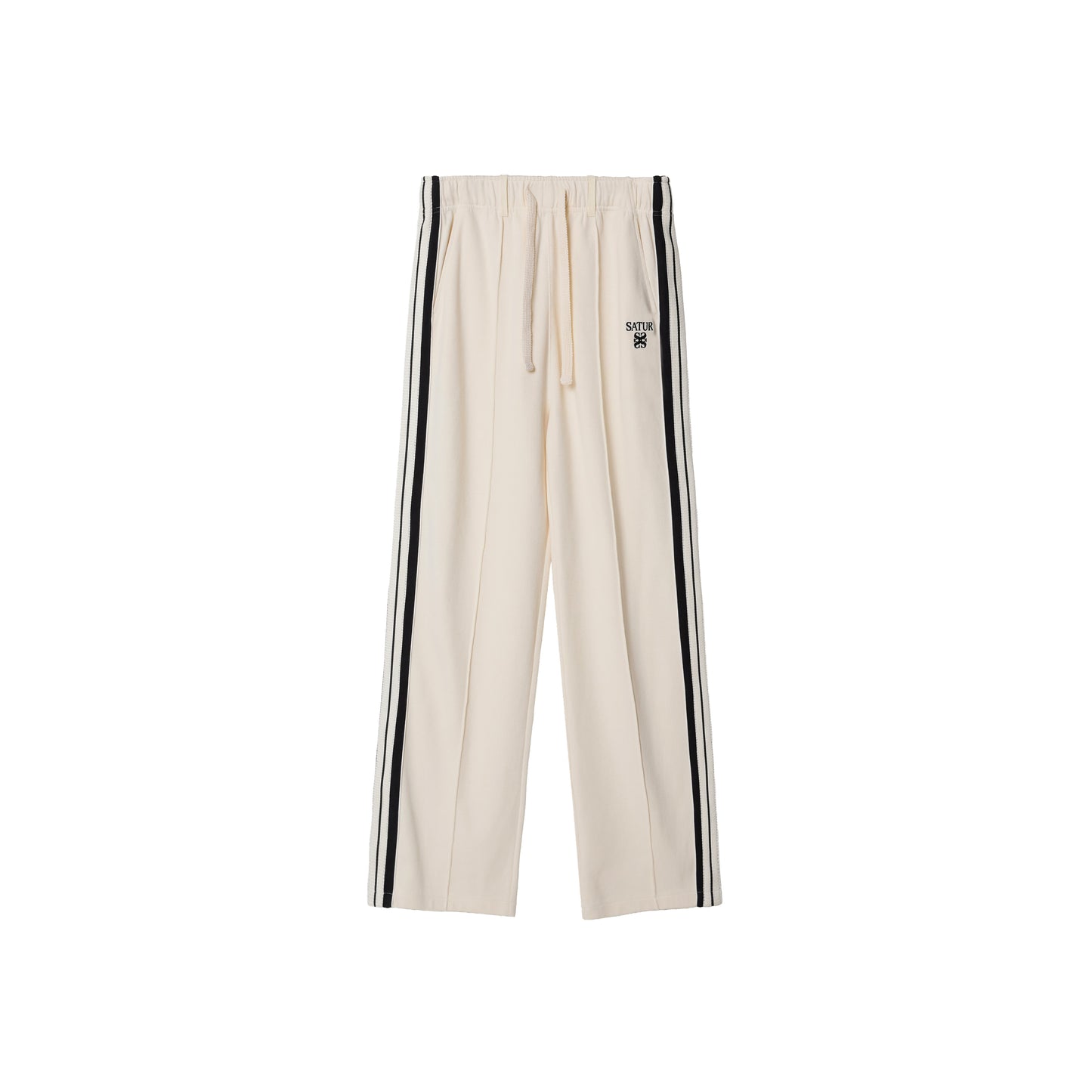 SATUR Lawton Lining Track Pants Cream Black womens lightweight track pants elastic waistband drawstring side stripe casual apparel