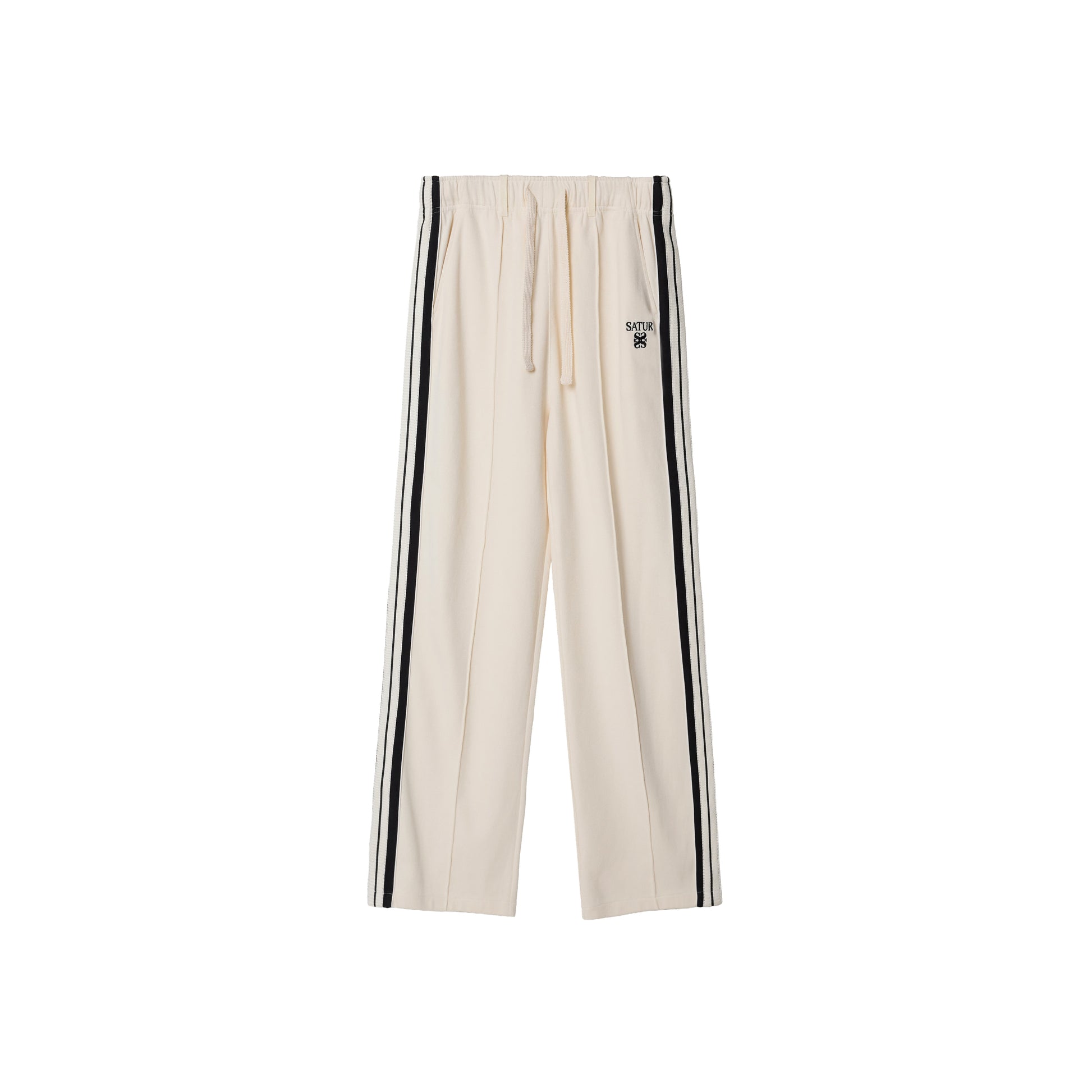 SATUR Lawton Lining Track Pants Cream Black womens lightweight track pants elastic waistband drawstring side stripe casual apparel