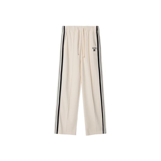 SATUR Lawton Lining Track Pants Cream Black womens lightweight track pants elastic waistband drawstring side stripe casual apparel