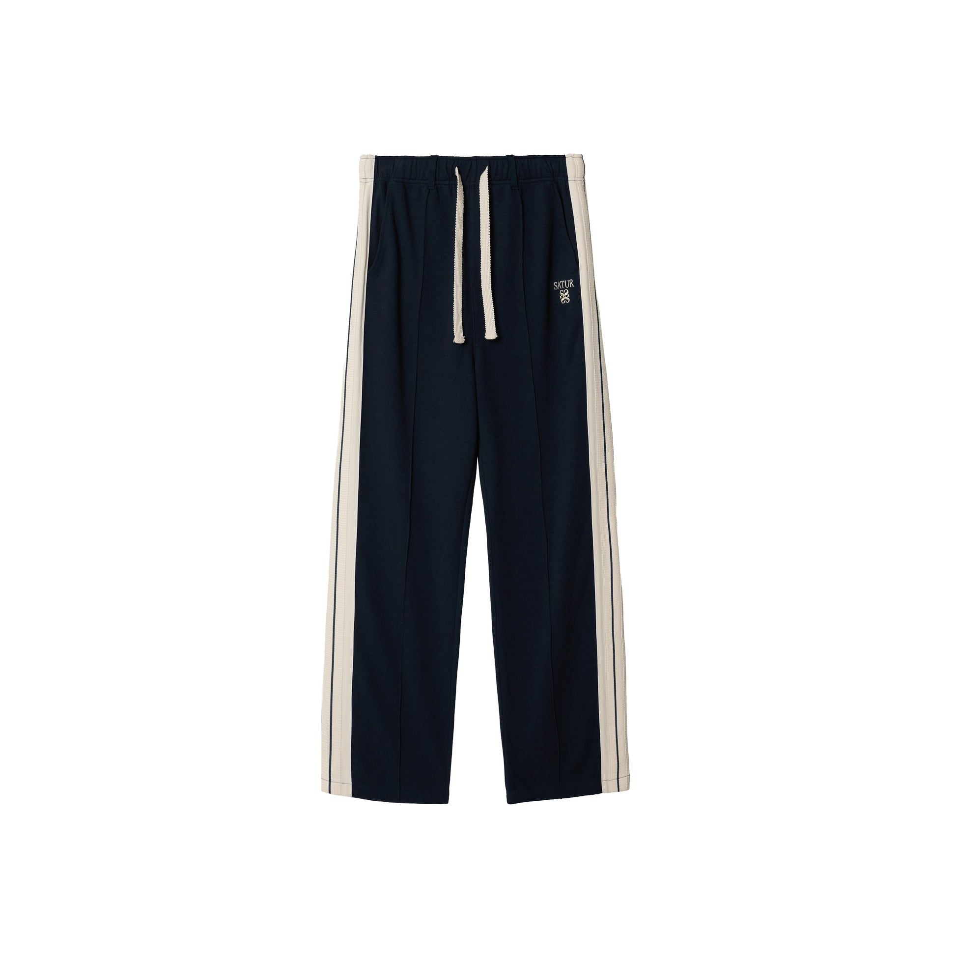SATUR Lawton Lining Track Pants Navy womens lightweight track pants elastic waistband drawstring side stripe casual apparel