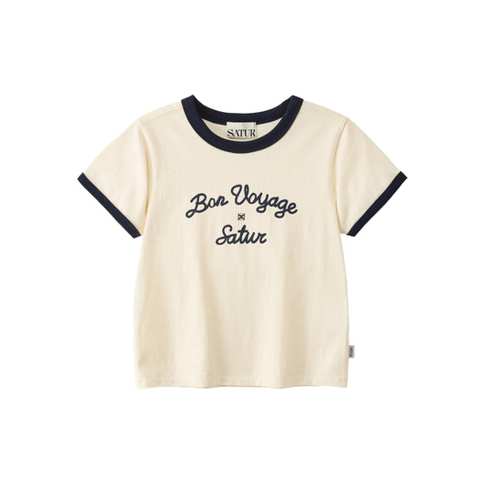 SATUR Bon Voyage Ringer T Shirt Cream kids cotton tee contrast collar sleeves graphic logo casual apparel