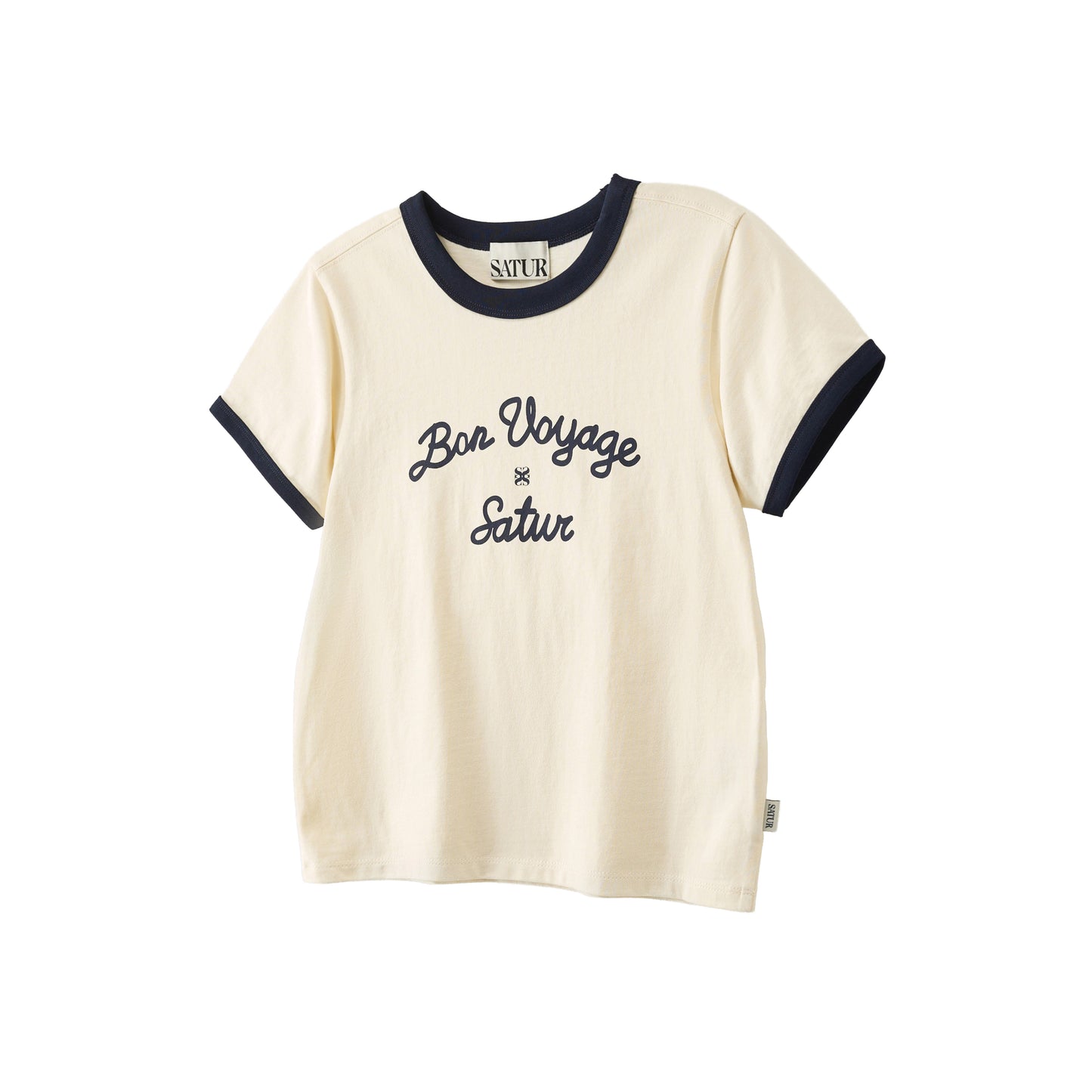 SATUR Bon Voyage Ringer T Shirt Cream kids cotton tee contrast collar sleeves graphic logo casual apparel