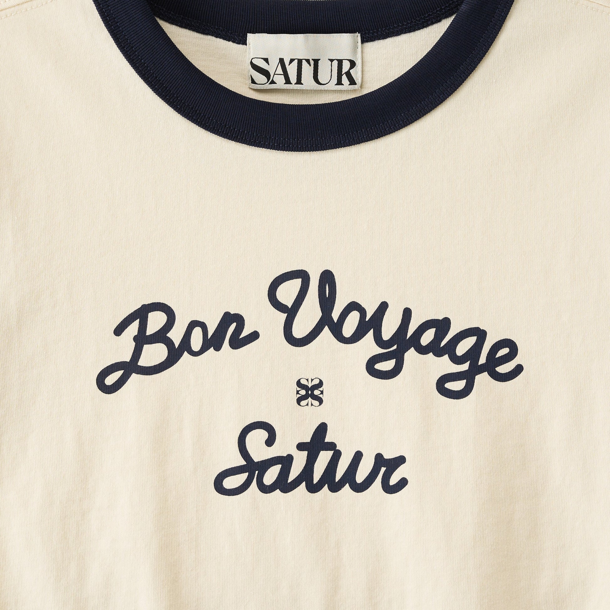 SATUR Bon Voyage Ringer T Shirt Cream kids cotton tee contrast collar sleeves graphic logo casual apparel