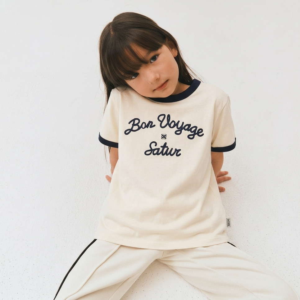 SATUR Bon Voyage Ringer T Shirt Cream kids cotton tee contrast collar sleeves graphic logo casual apparel
