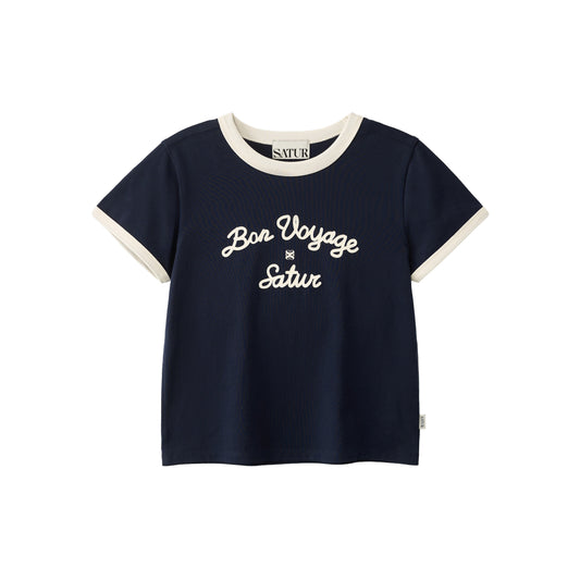 SATUR Bon Voyage Ringer T Shirt Navy kids cotton tee contrast collar sleeves graphic logo casual apparel