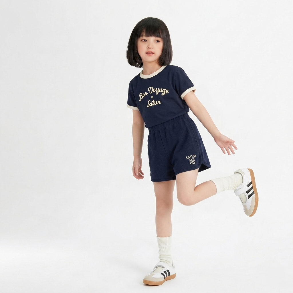 SATUR Bon Voyage Ringer T Shirt Navy kids cotton tee contrast collar sleeves graphic logo casual apparel