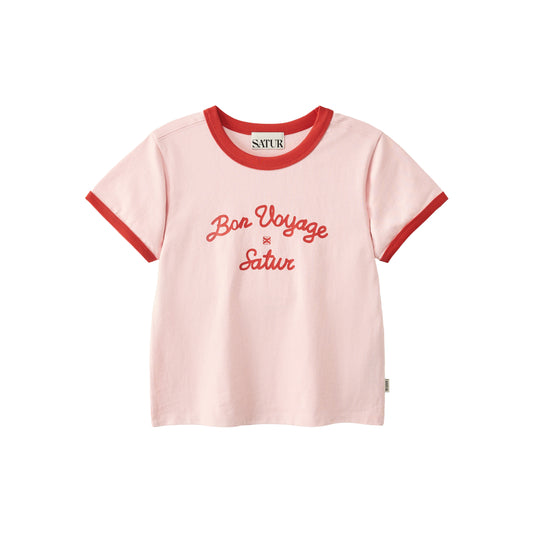 SATUR Bon Voyage Ringer T Shirt Pink kids cotton tee contrast collar sleeves graphic logo casual apparel