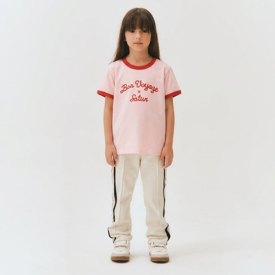 SATUR Bon Voyage Ringer T Shirt Pink kids cotton tee contrast collar sleeves graphic logo casual apparel