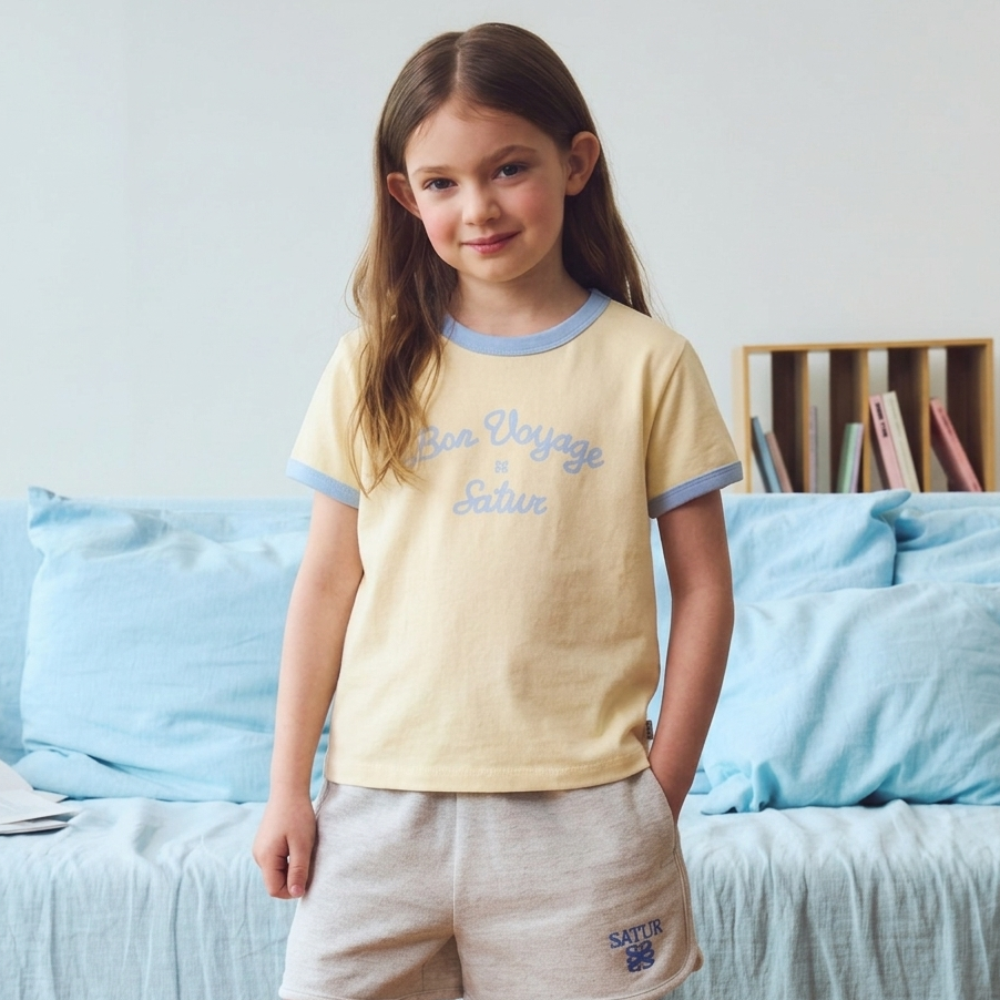 SATUR Bon Voyage Ringer T Shirt Yellow kids cotton tee contrast collar sleeves graphic logo casual apparel