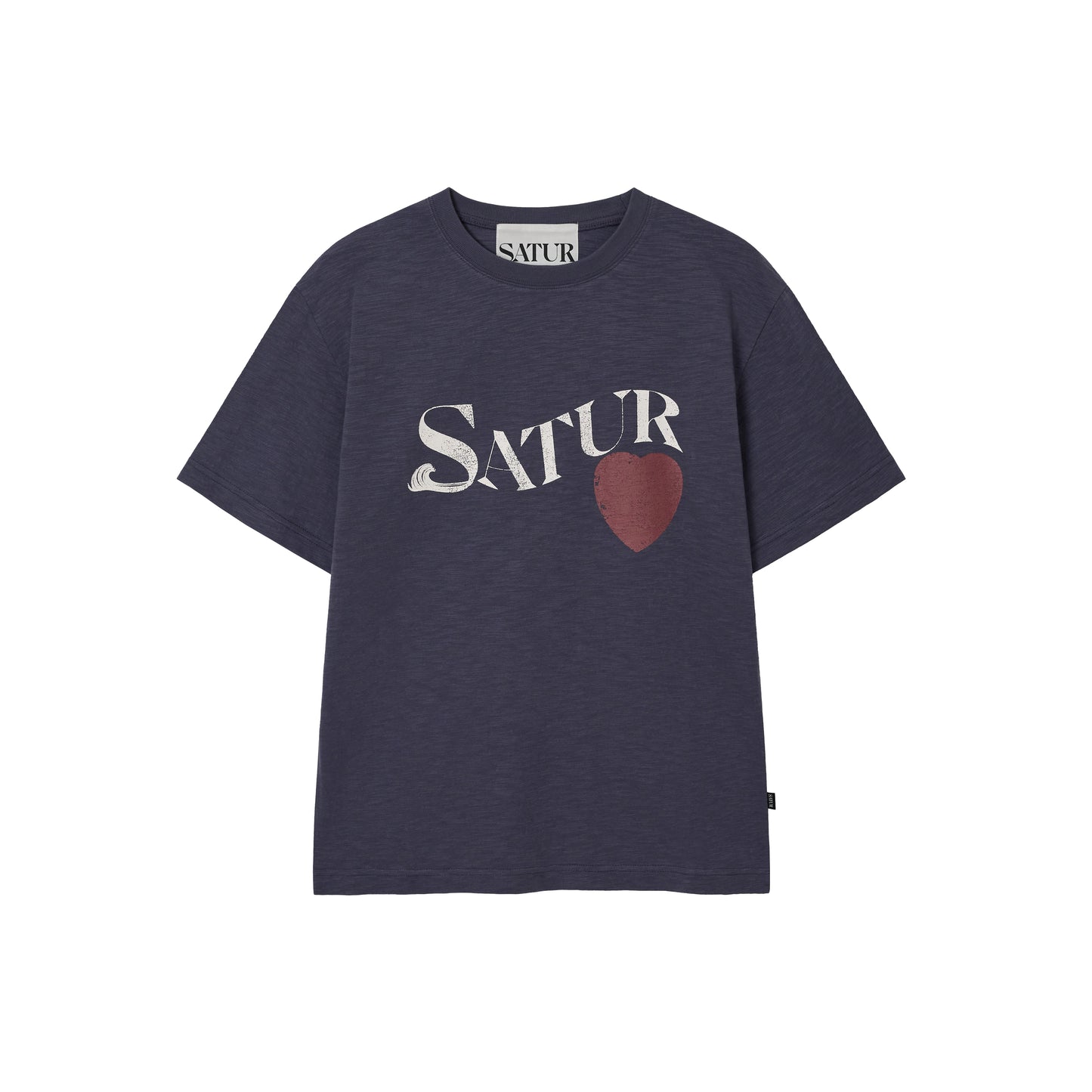 SATUR Wave Logo Regular Fit Slub T-Shirt Navy graphic tee slub fabric vintage casual