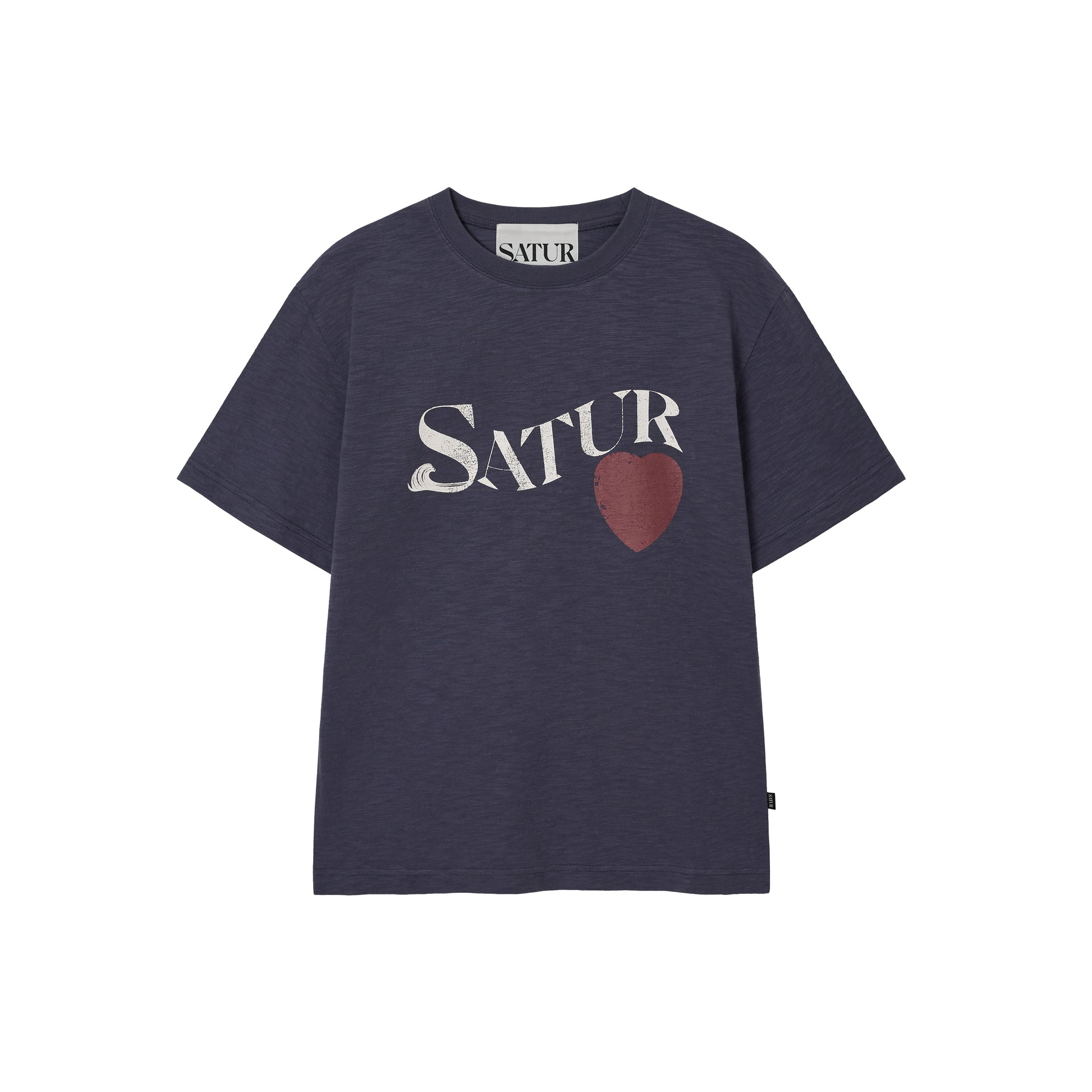 SATUR Wave Logo Regular Fit Slub T-Shirt Navy graphic tee slub fabric vintage casual