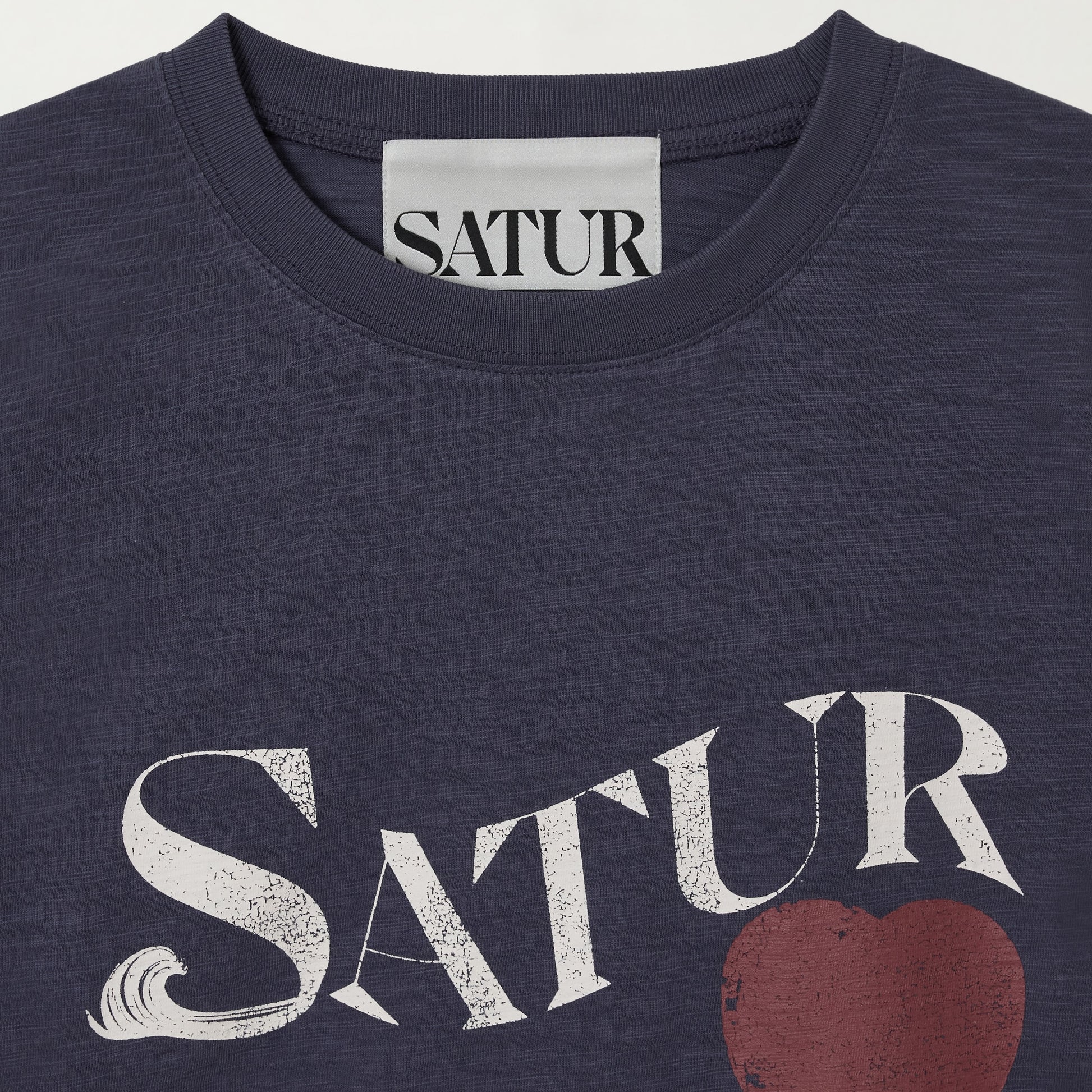 SATUR Wave Logo Regular Fit Slub T-Shirt Navy graphic tee slub fabric vintage casual