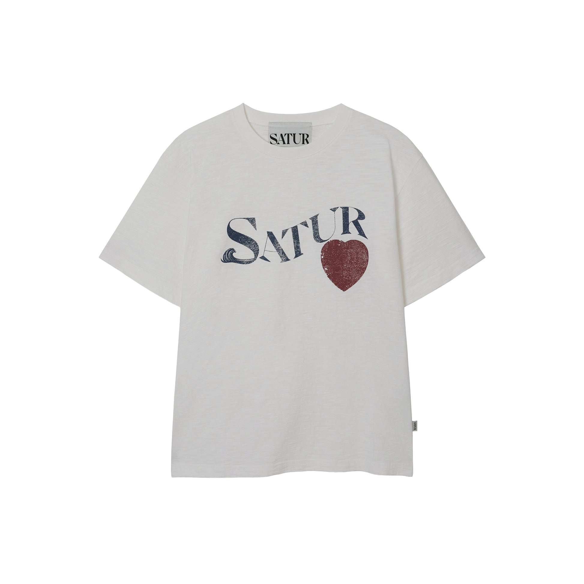 SATUR Wave Logo Regular Fit Slub T-Shirt White graphic tee slub fabric vintage casual