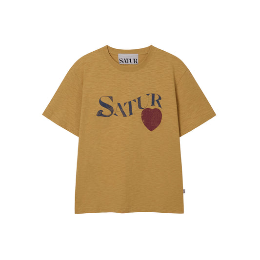 SATUR Wave Logo Regular Fit Slub T-Shirt Yellow graphic tee slub fabric vintage casual