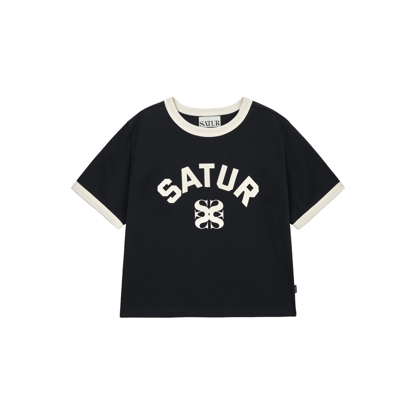 SATUR Arch Logo Ringer T-Shirt Black womens tee contrast trim logo casual retro