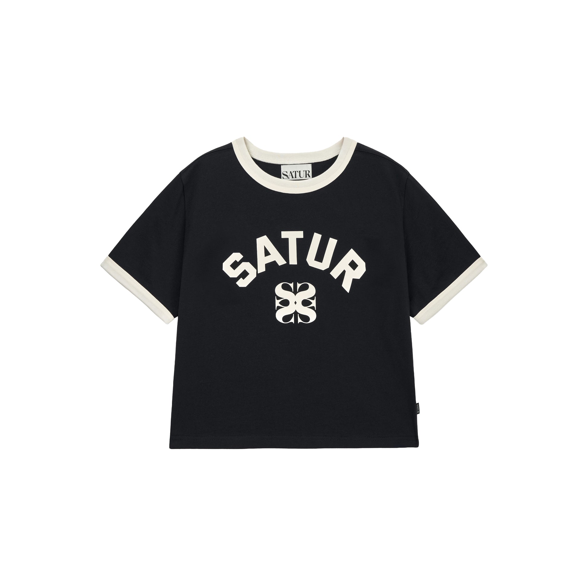 SATUR Arch Logo Ringer T-Shirt Black womens tee contrast trim logo casual retro