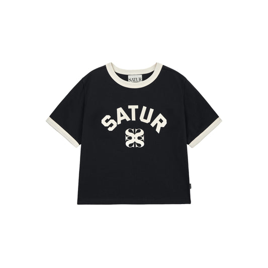SATUR Arch Logo Ringer T-Shirt Black womens tee contrast trim logo casual retro