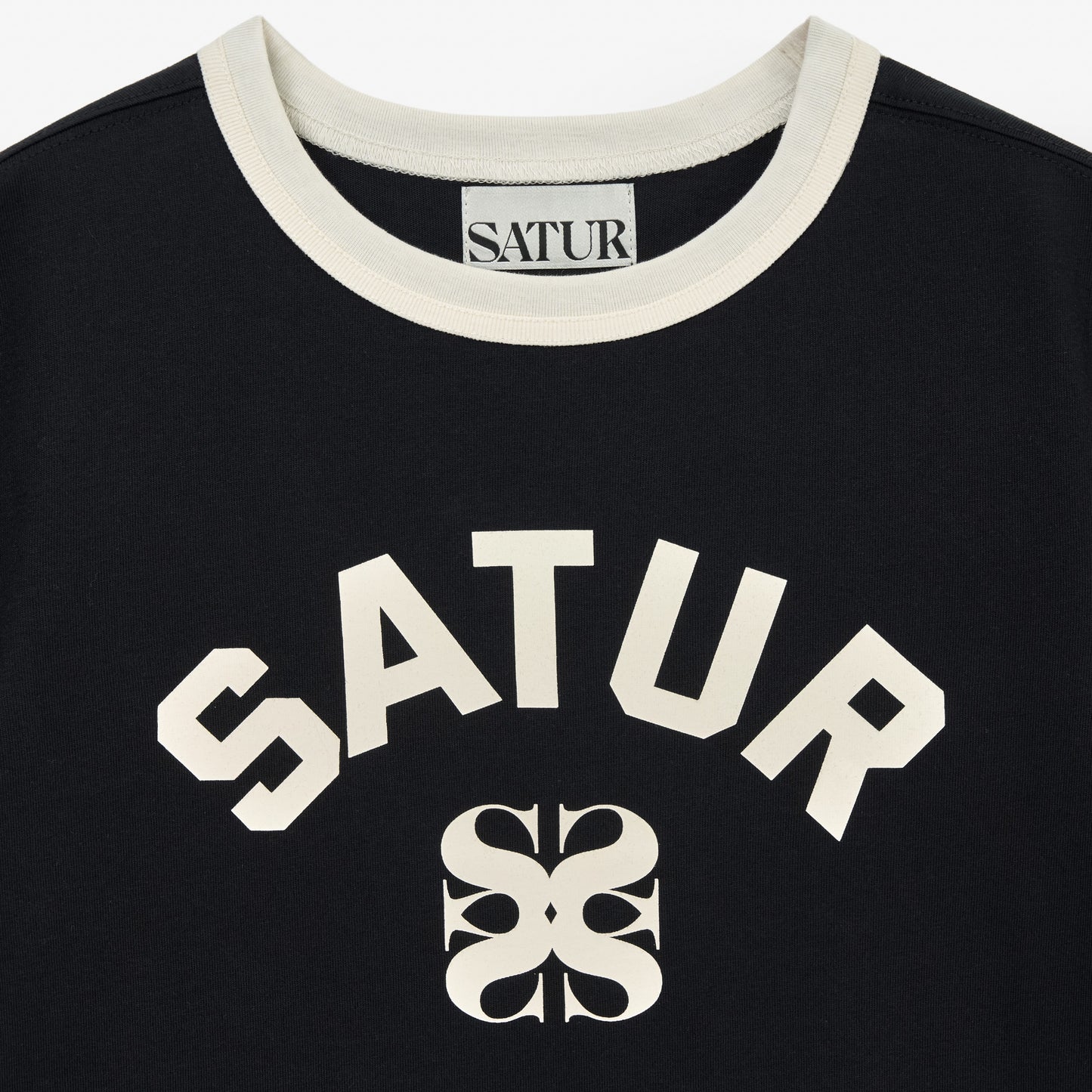 SATUR Arch Logo Ringer T-Shirt Black womens tee contrast trim logo casual retro