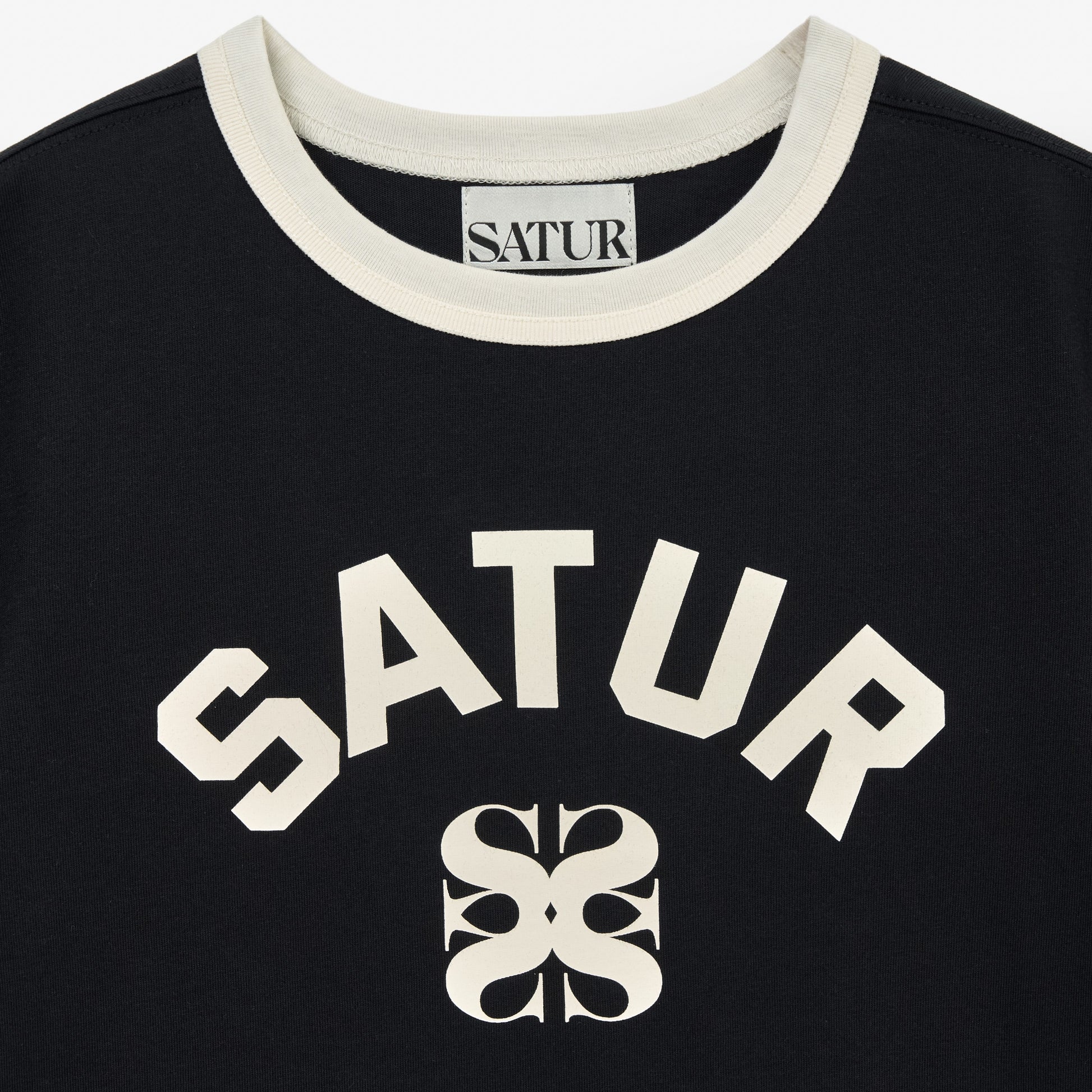 SATUR Arch Logo Ringer T-Shirt Black womens tee contrast trim logo casual retro