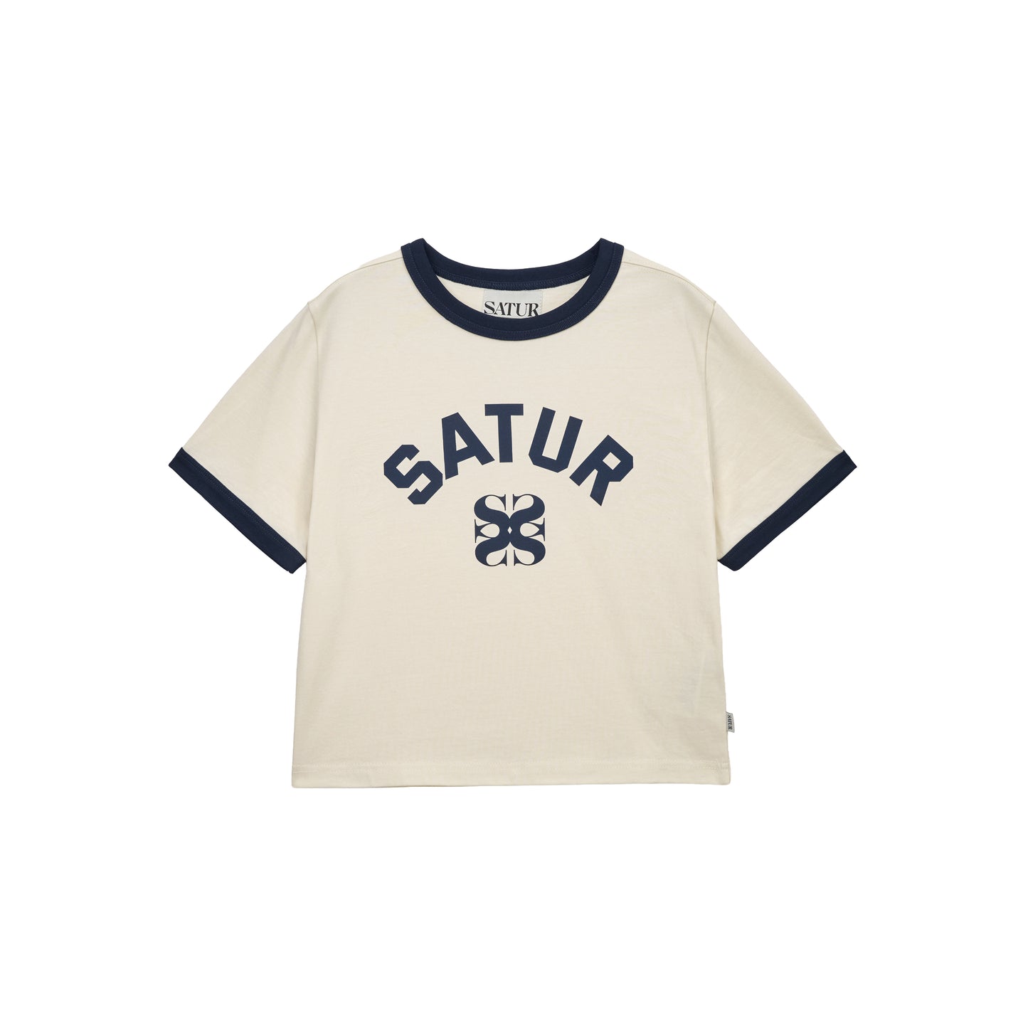 SATUR Arch Logo Ringer T-Shirt Cream womens tee contrast trim logo casual retro