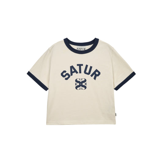 SATUR Arch Logo Ringer T-Shirt Cream womens tee contrast trim logo casual retro