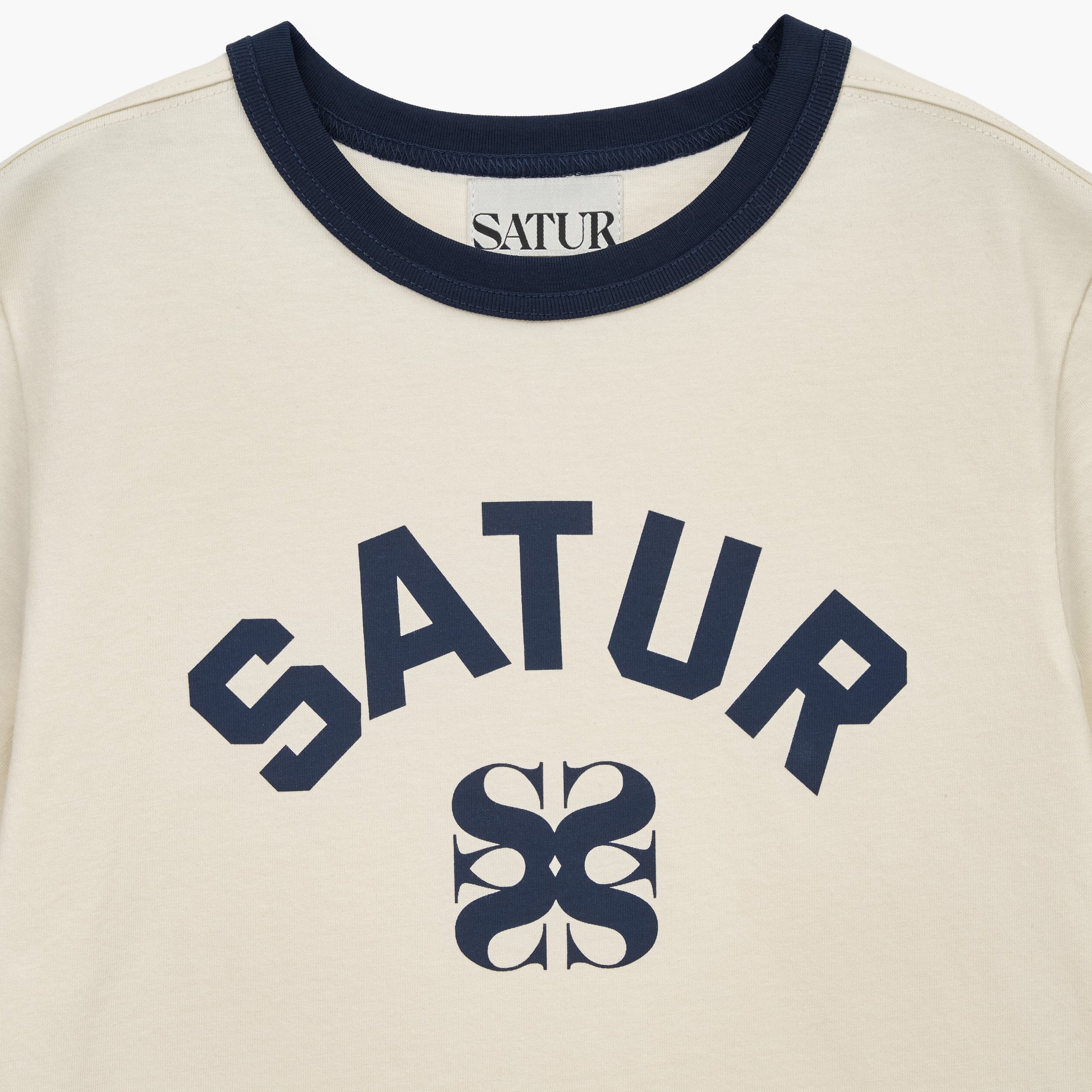 SATUR Arch Logo Ringer T-Shirt Cream womens tee contrast trim logo casual retro