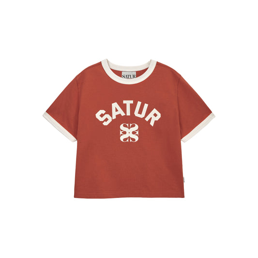 SATUR Arch Logo Ringer T-Shirt Red womens tee contrast trim logo casual retro