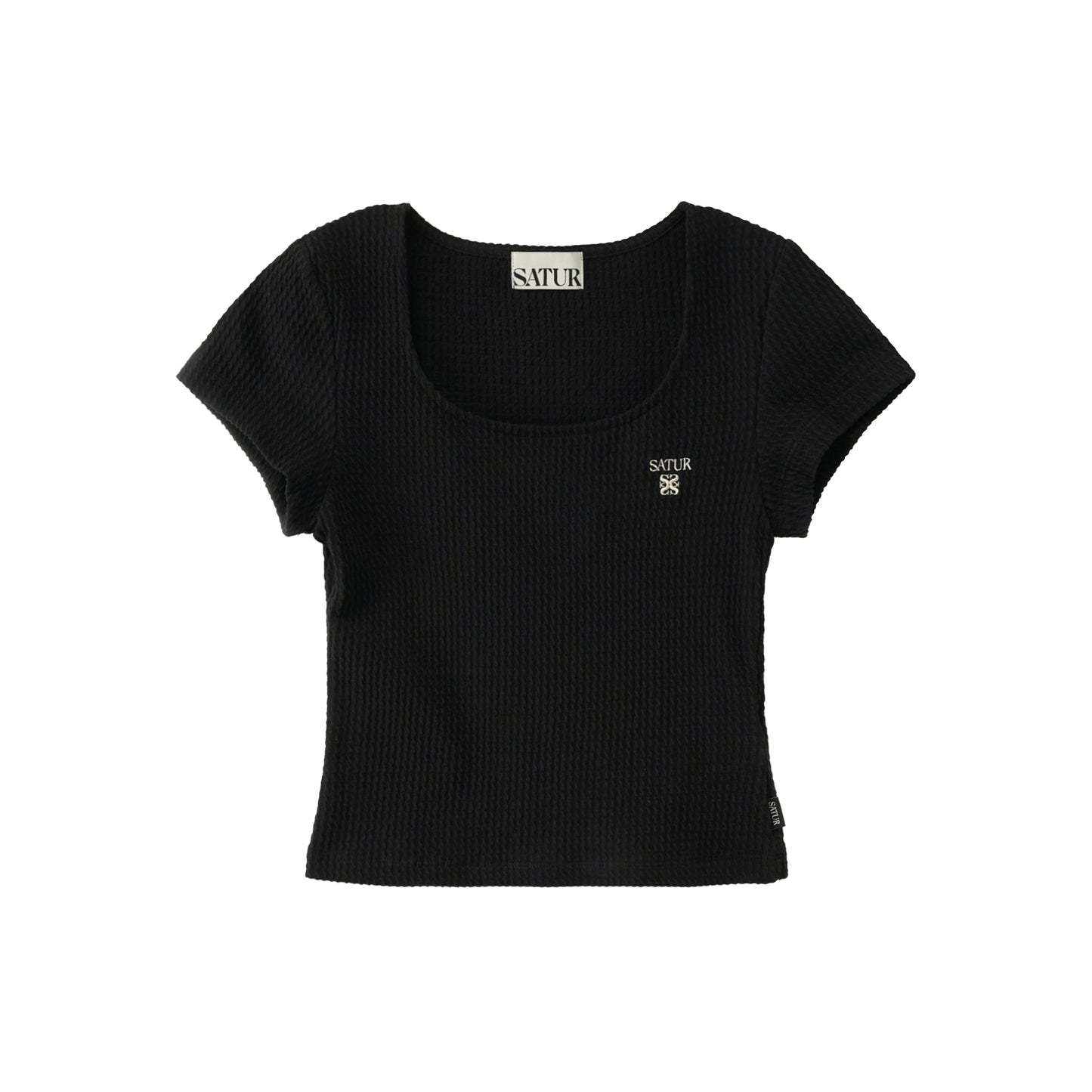 SATUR Square Neck Crinkle T-Shirt Black womens top textured fabric minimalist casual