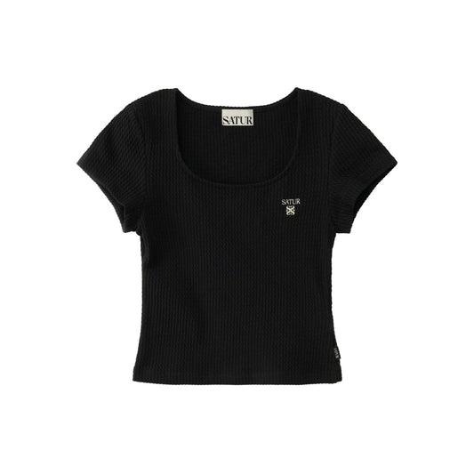 SATUR Square Neck Crinkle T-Shirt Black womens top textured fabric minimalist casual