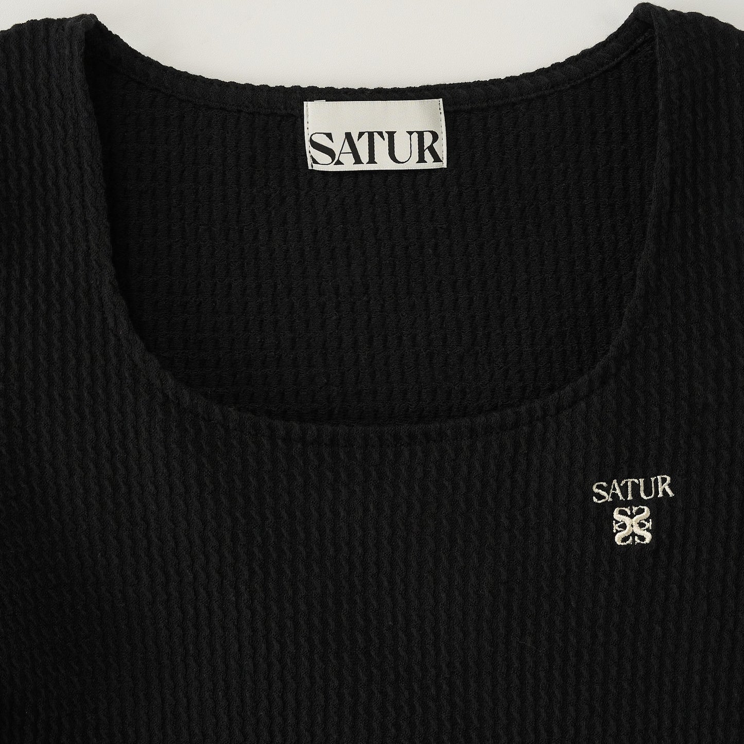 SATUR Square Neck Crinkle T-Shirt Black womens top textured fabric minimalist casual