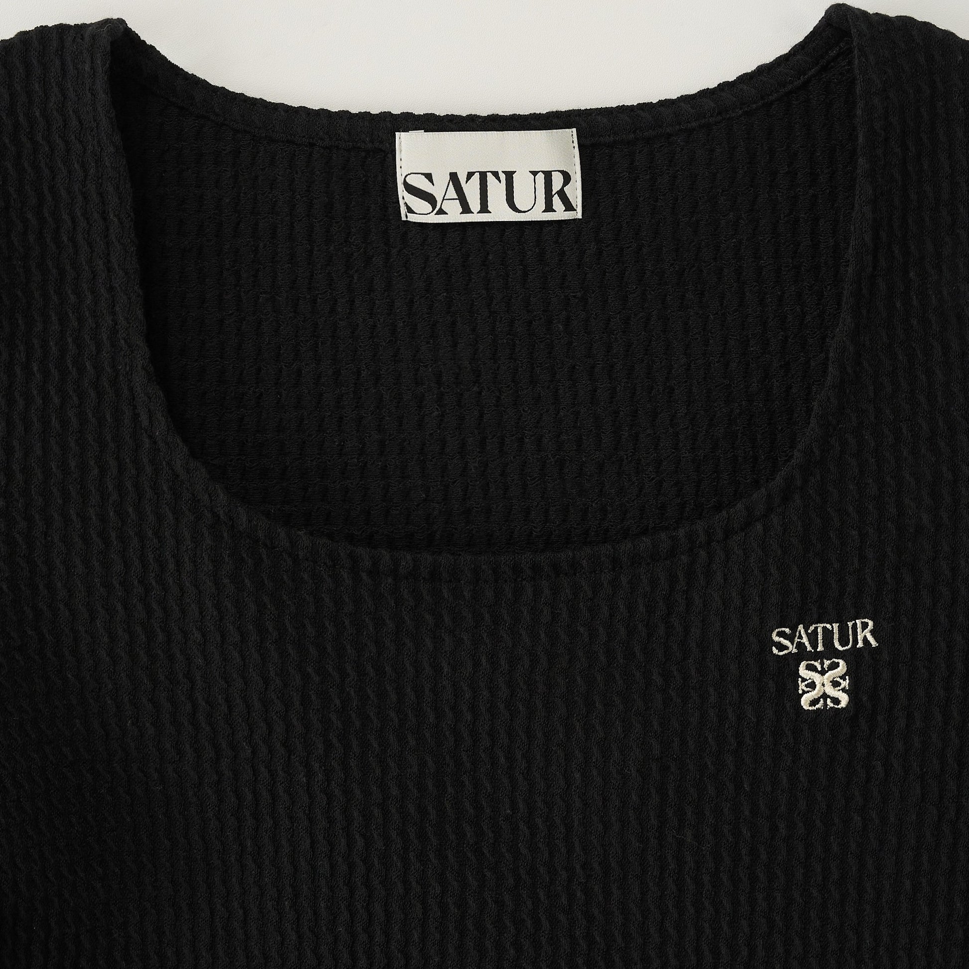 SATUR Square Neck Crinkle T-Shirt Black womens top textured fabric minimalist casual