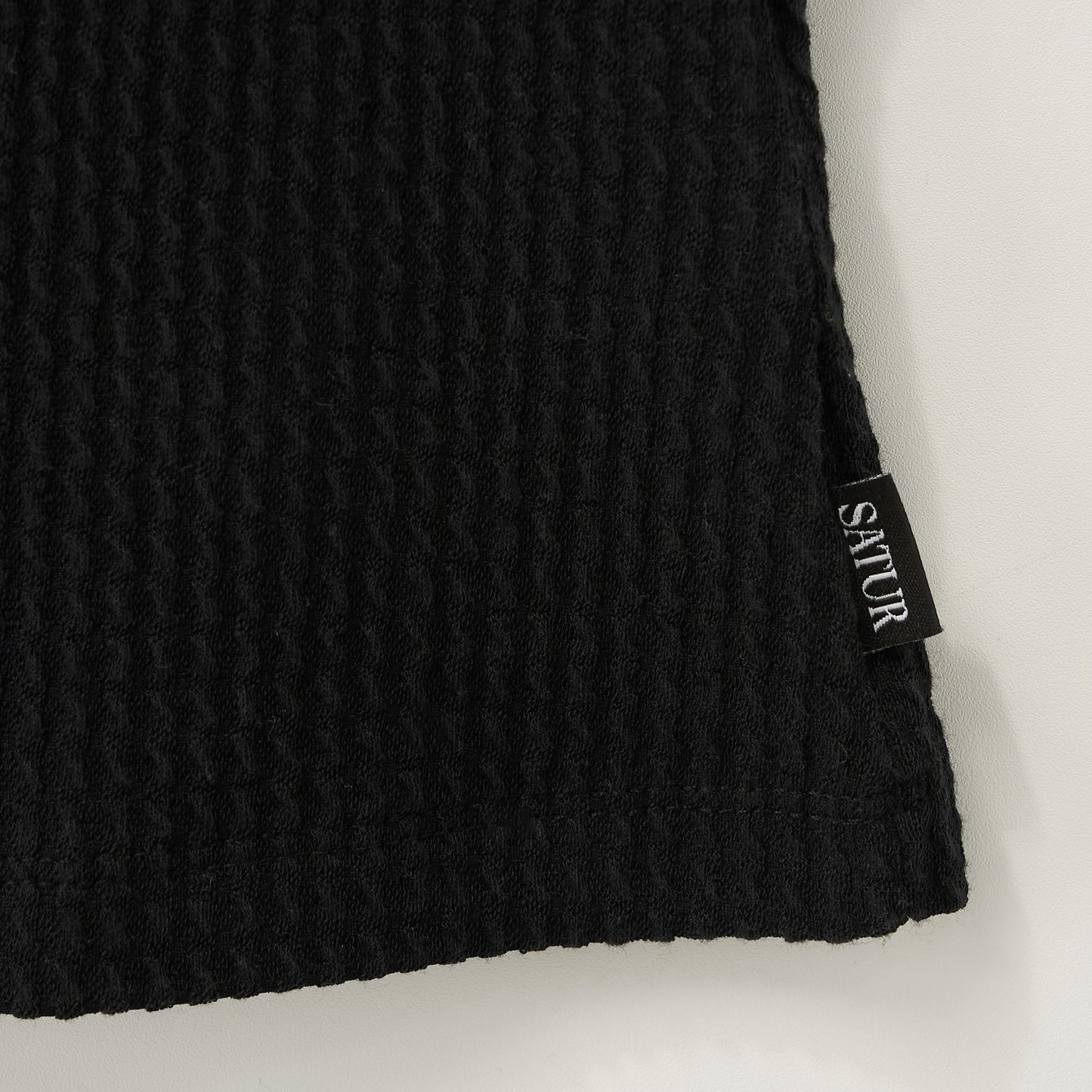 SATUR Square Neck Crinkle T-Shirt Black womens top textured fabric minimalist casual