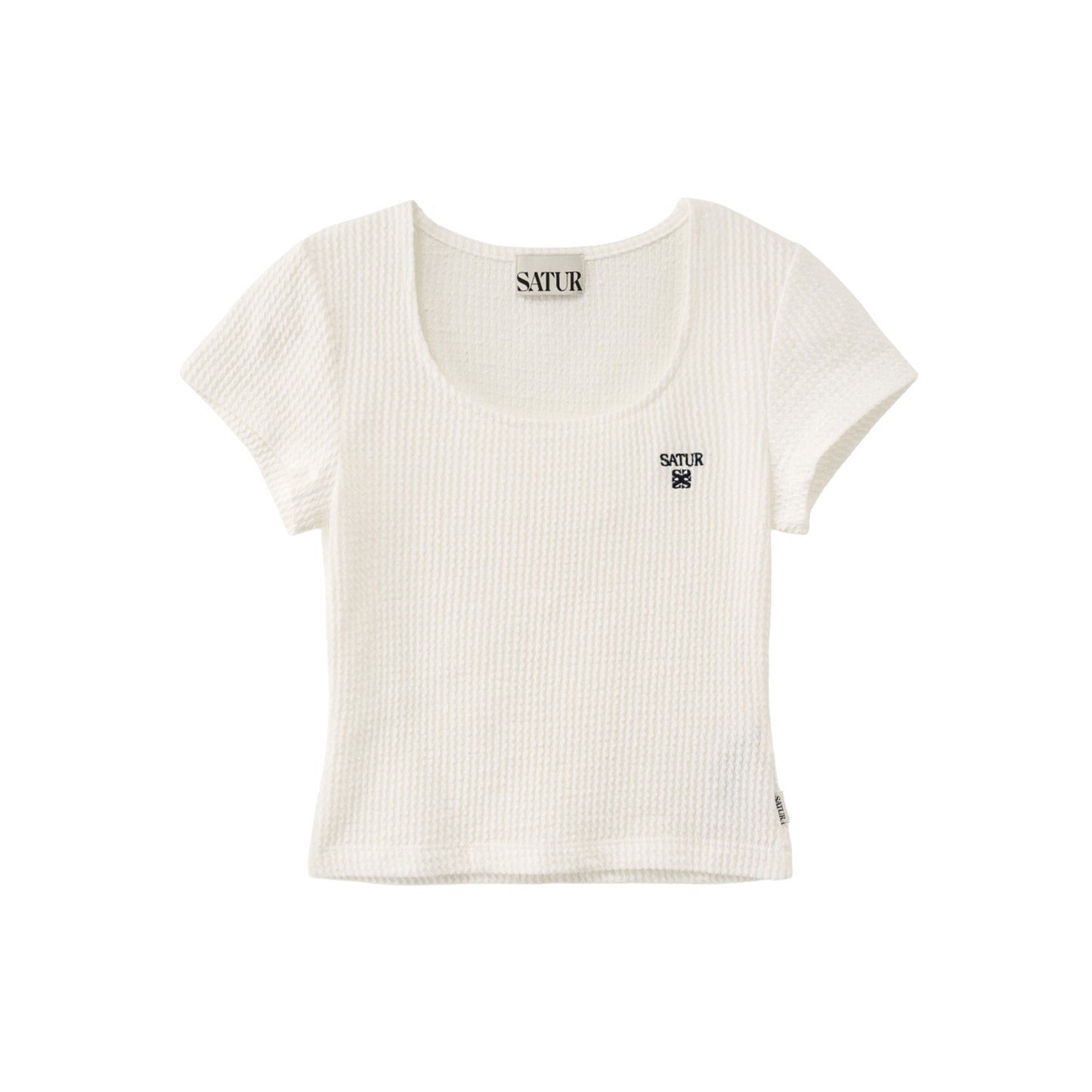SATUR Square Neck Crinkle T-Shirt White womens top textured fabric minimalist casual