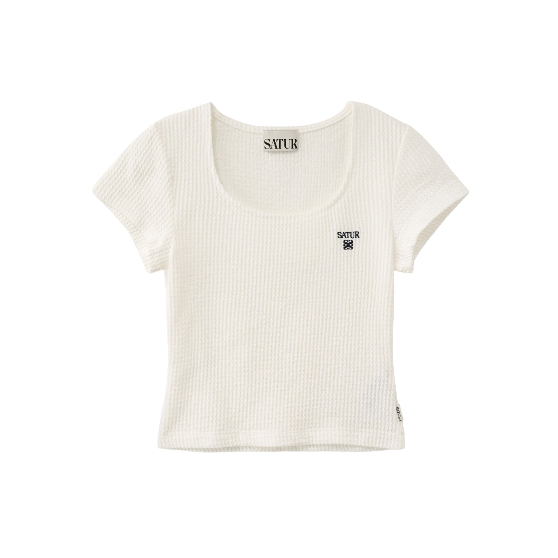 SATUR Square Neck Crinkle T-Shirt White womens top textured fabric minimalist casual