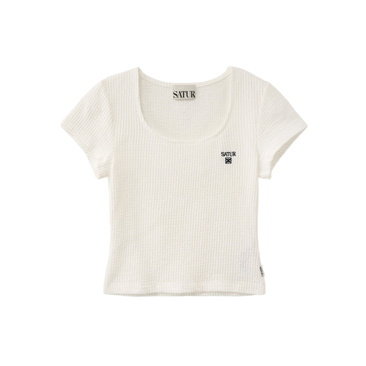 SATUR Square Neck Crinkle T-Shirt White womens top textured fabric minimalist casual