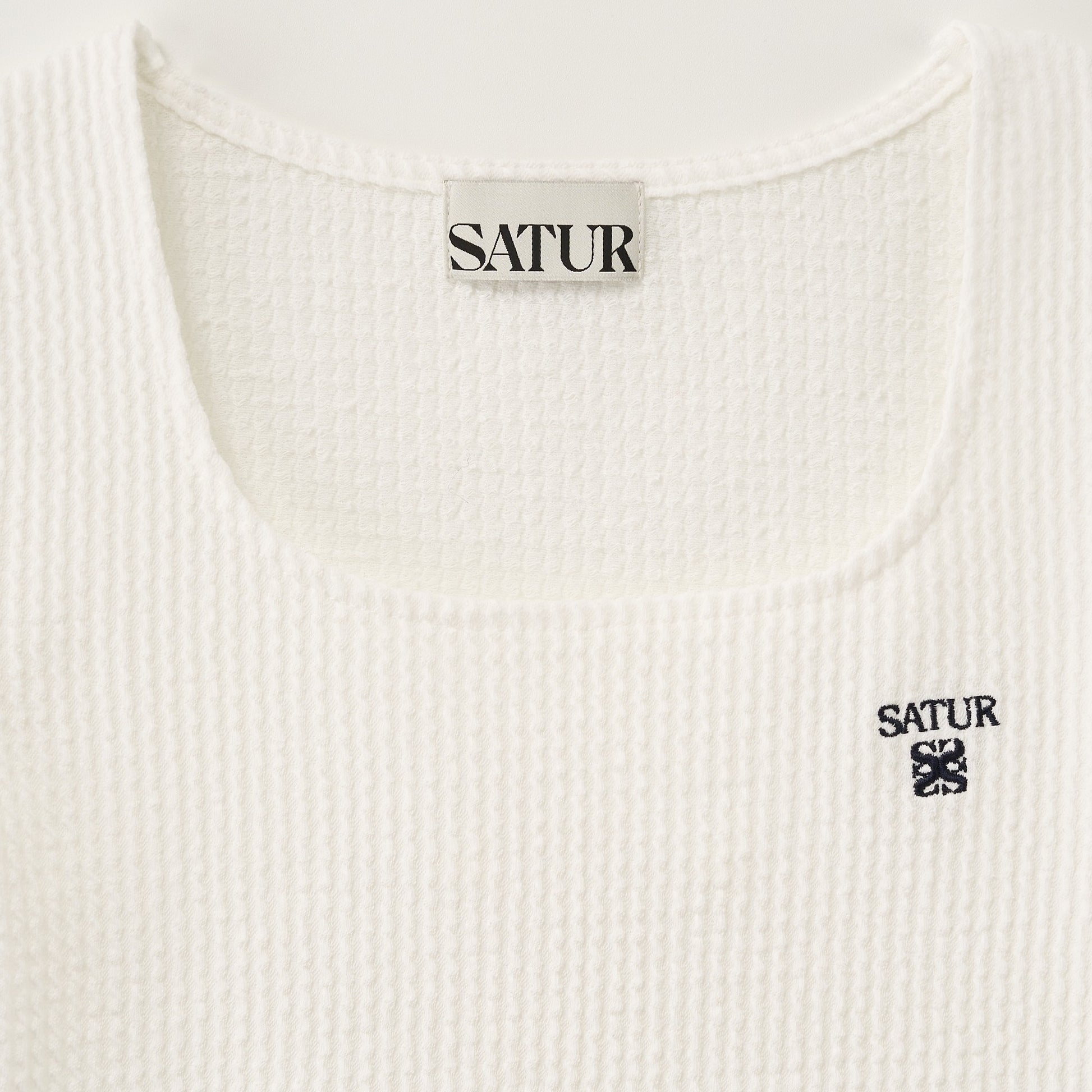 SATUR Square Neck Crinkle T-Shirt White womens top textured fabric minimalist casual