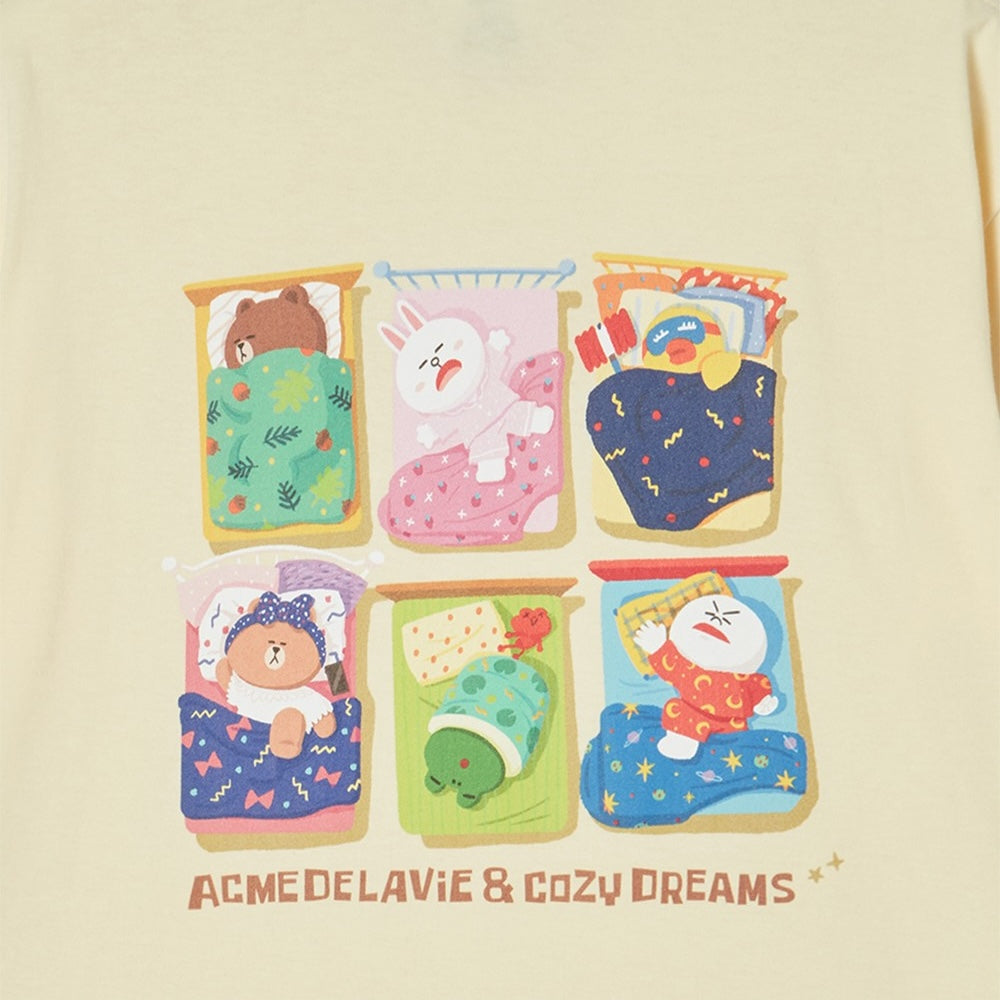 ADLV Sleeping Line Friends SS T-Shirt Light Yellow oversized graphic tee Line Friends print casual streetwear top