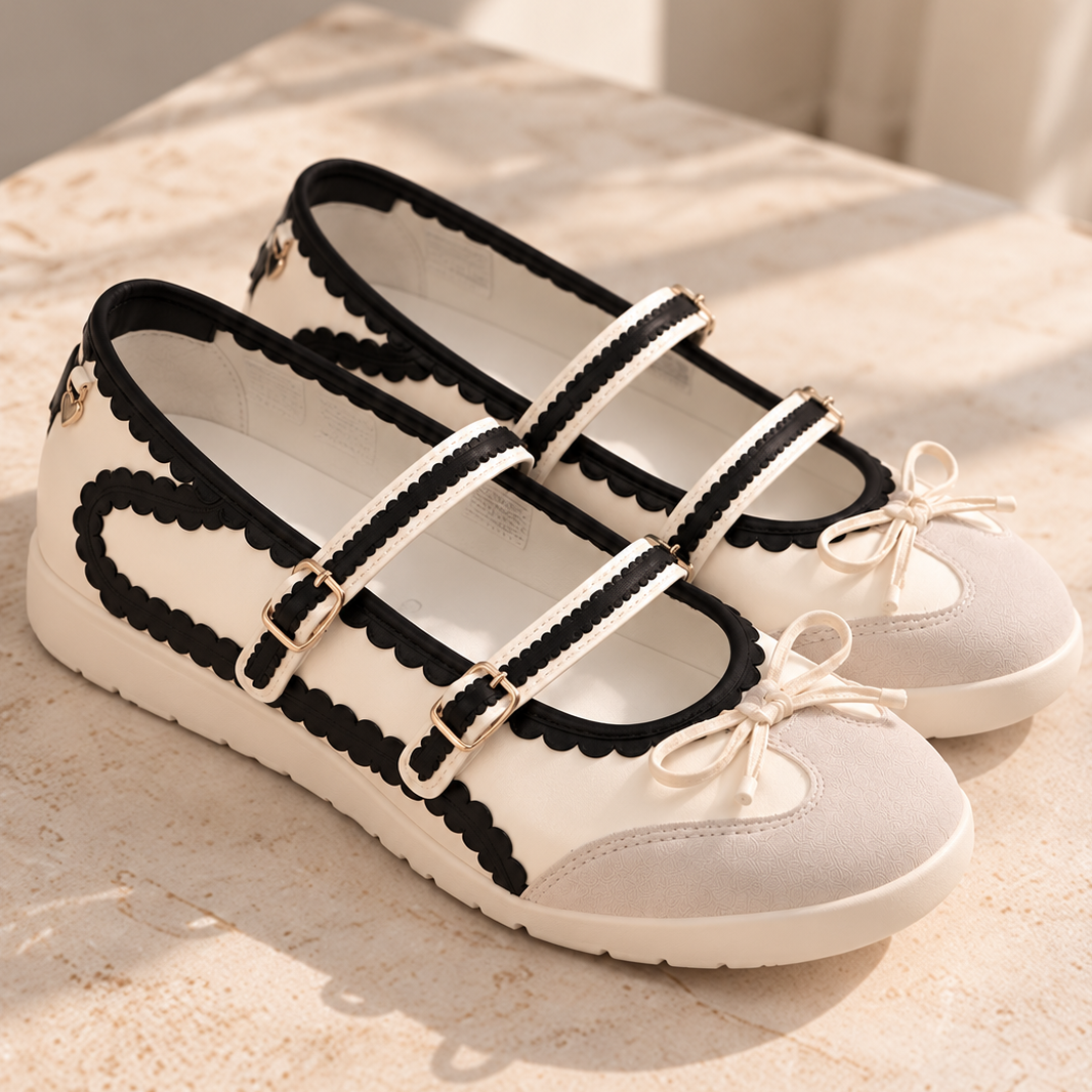 SneakSurf Mary Jane Cream White/Black - angled pair view showing the rounded toes and buckle straps