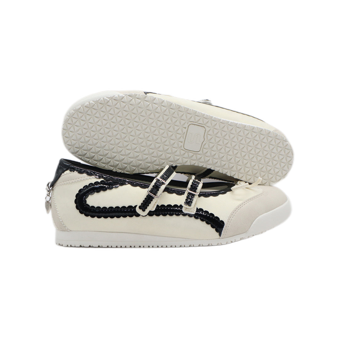 SneakSurf Mary Jane Cream White/Black - side profile with an outsole view above it