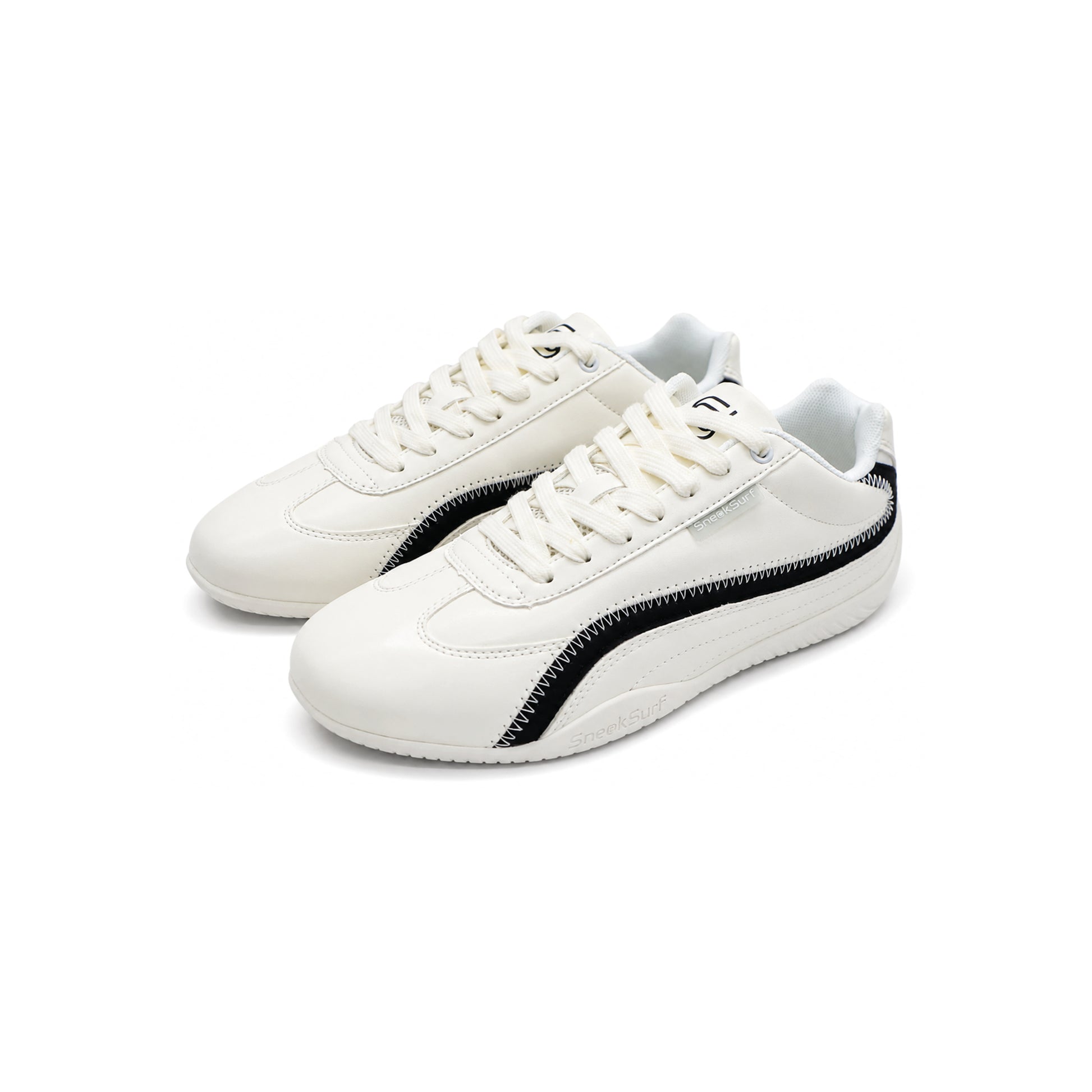 SneakSurf Racer Cream White Black lifestyle sneaker with premium synthetic upper low-profile silhouette and flexible rubber outsole