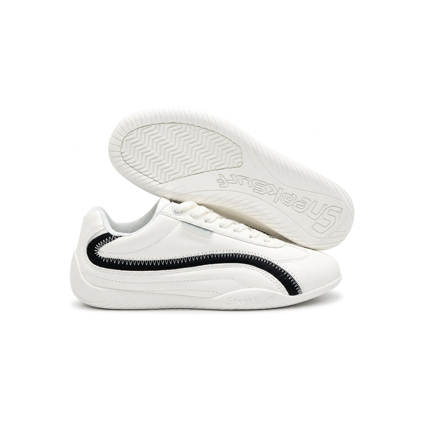SneakSurf Racer Cream White Black lifestyle sneaker with premium synthetic upper low-profile silhouette and flexible rubber outsole