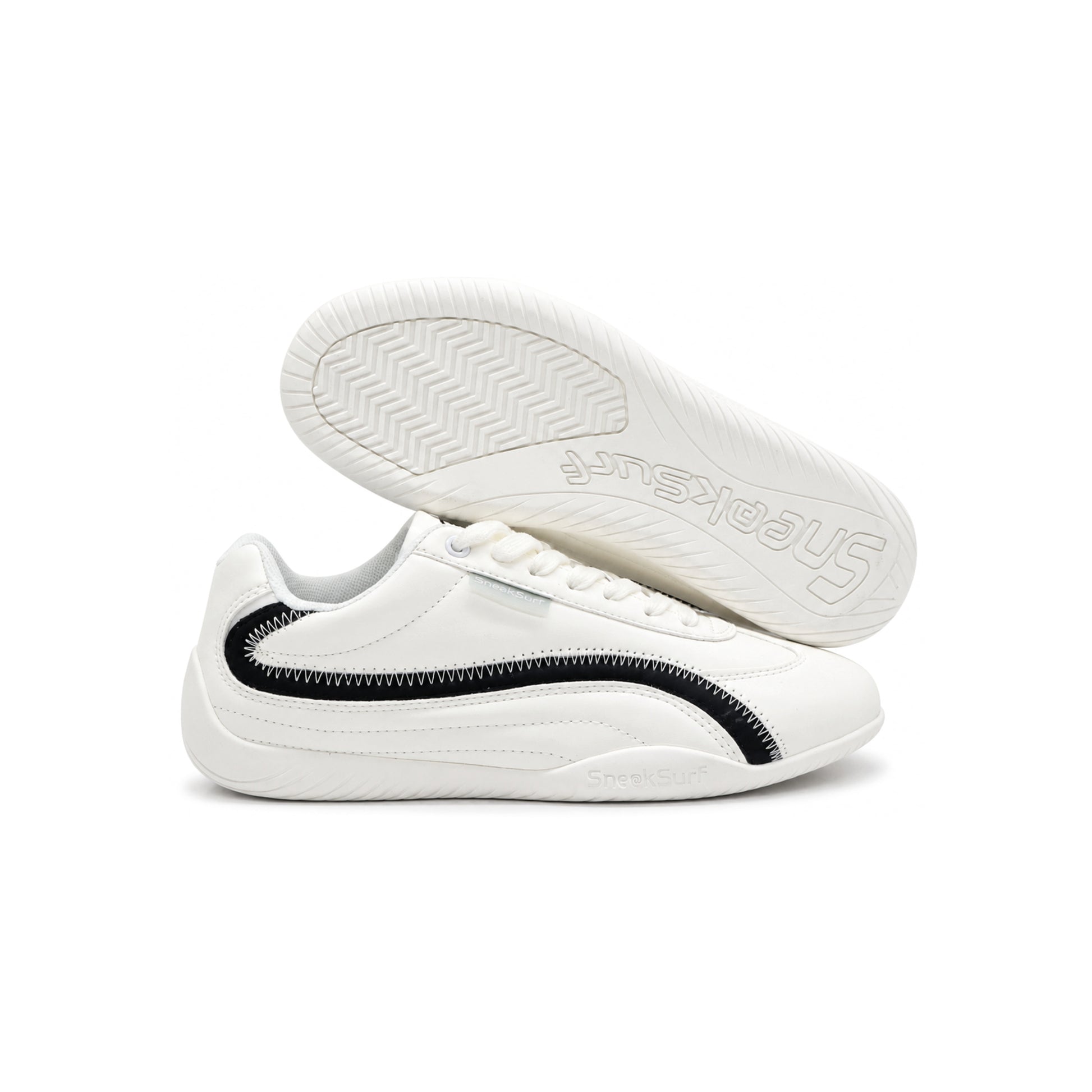 SneakSurf Racer Cream White Black lifestyle sneaker with premium synthetic upper low-profile silhouette and flexible rubber outsole