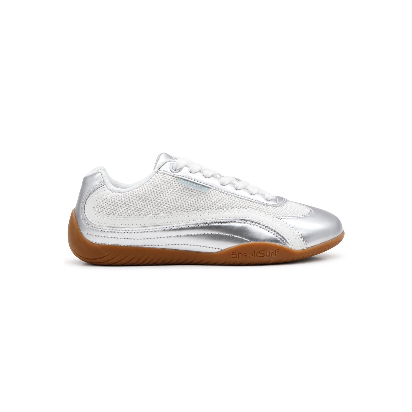 SneakSurf Racer Silver Metallic White lifestyle sneaker with breathable mesh upper metallic silver overlays and gum rubber outsole