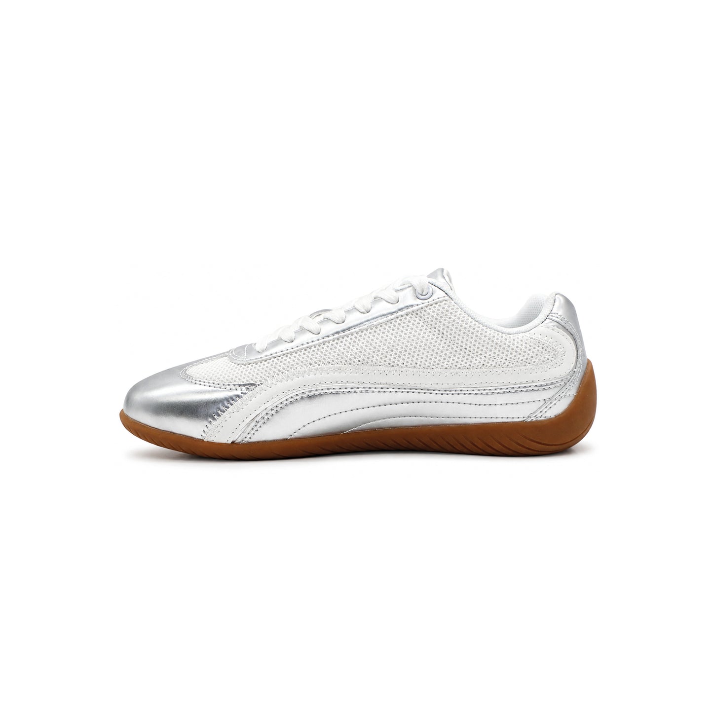 SneakSurf Racer Silver Metallic White lifestyle sneaker with breathable mesh upper metallic silver overlays and gum rubber outsole