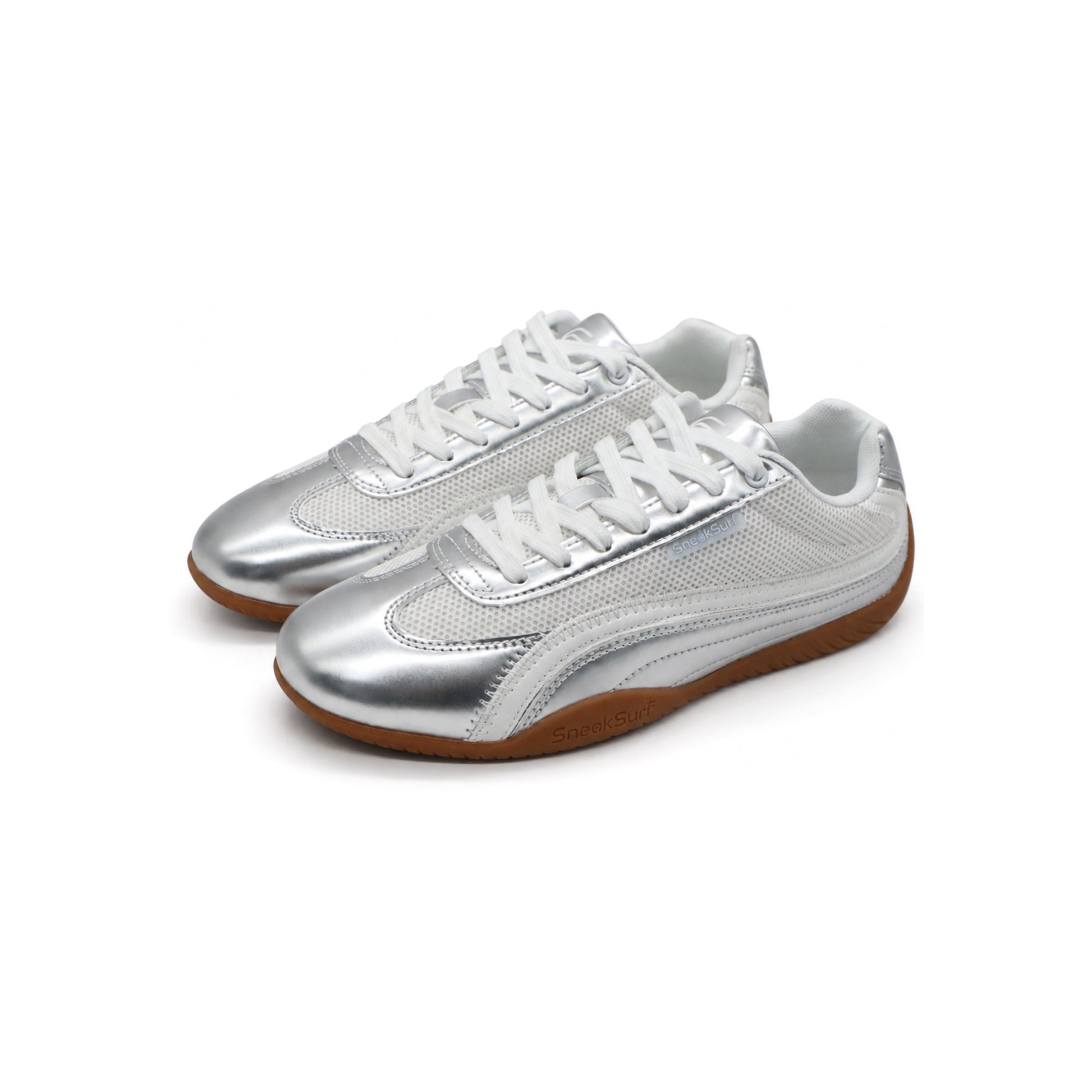 SneakSurf Racer Silver Metallic White lifestyle sneaker with breathable mesh upper metallic silver overlays and gum rubber outsole