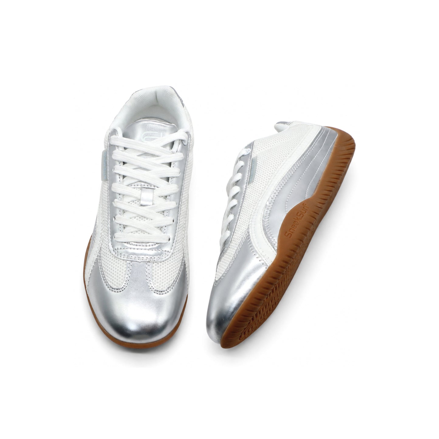 SneakSurf Racer Silver Metallic White lifestyle sneaker with breathable mesh upper metallic silver overlays and gum rubber outsole