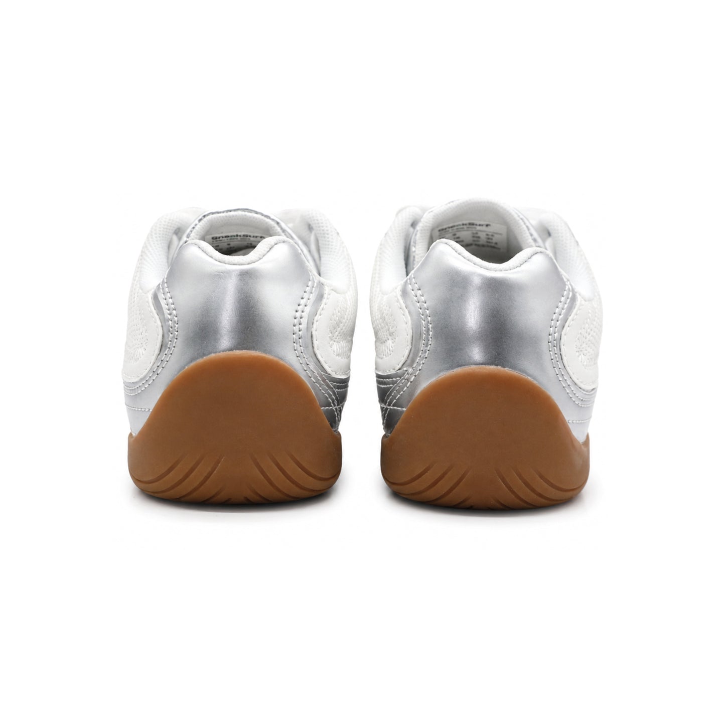 SneakSurf Racer Silver Metallic White lifestyle sneaker with breathable mesh upper metallic silver overlays and gum rubber outsole