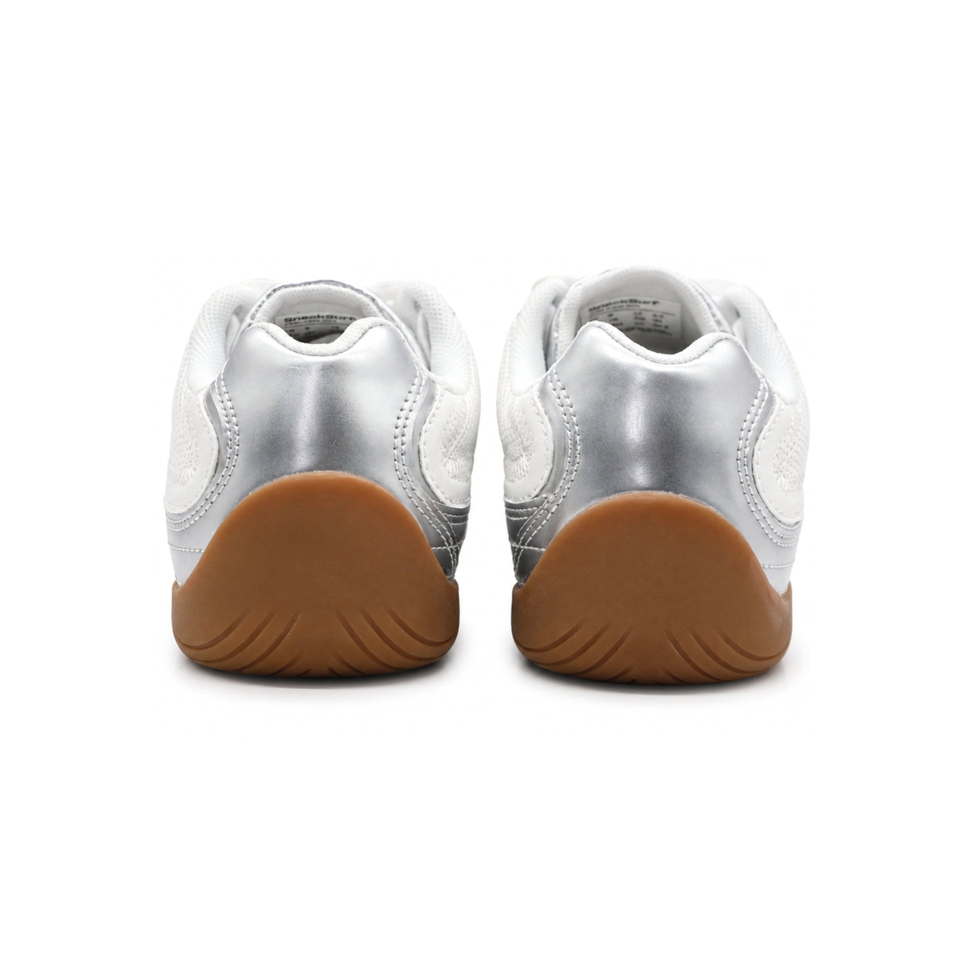 SneakSurf Racer Silver Metallic White lifestyle sneaker with breathable mesh upper metallic silver overlays and gum rubber outsole