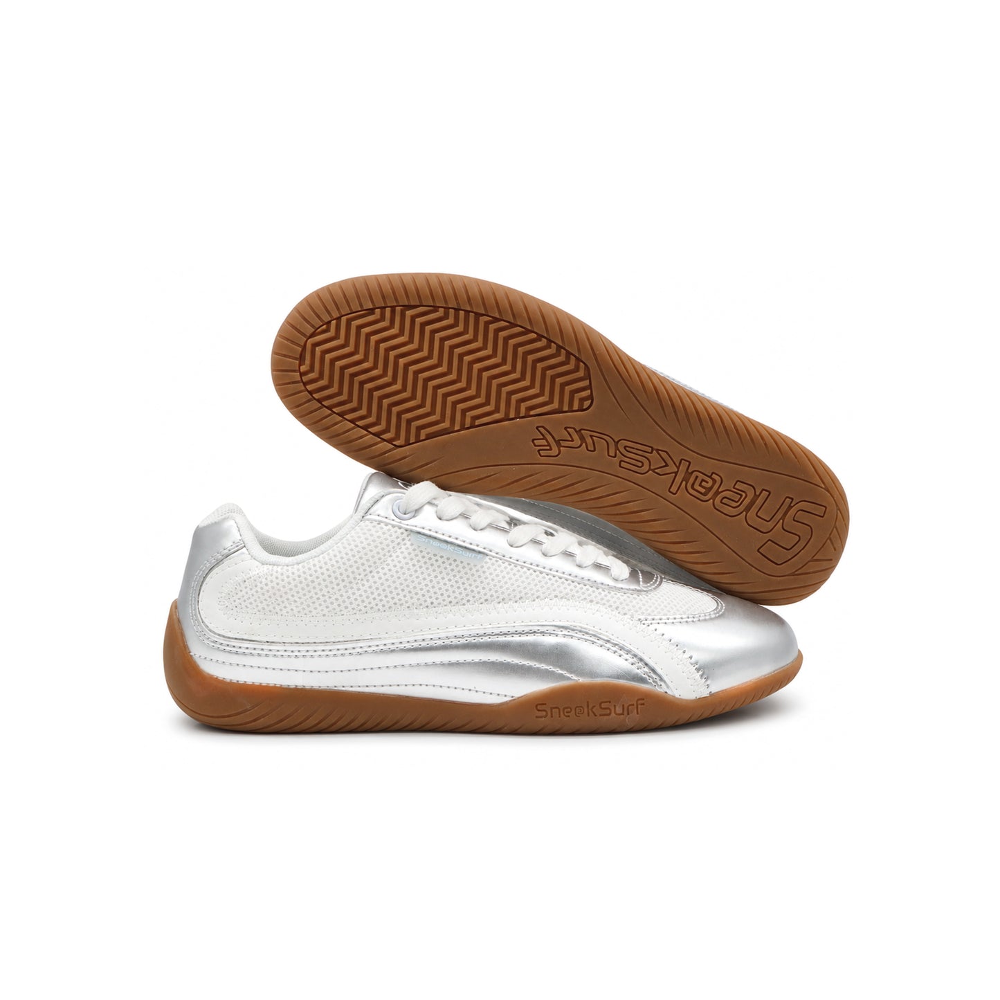 SneakSurf Racer Silver Metallic White lifestyle sneaker with breathable mesh upper metallic silver overlays and gum rubber outsole